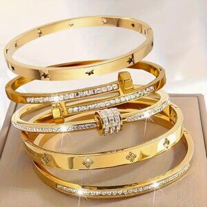 5pcs Set Elegant & Fashionable18k Gold Plated Stainless Steel Bracelet